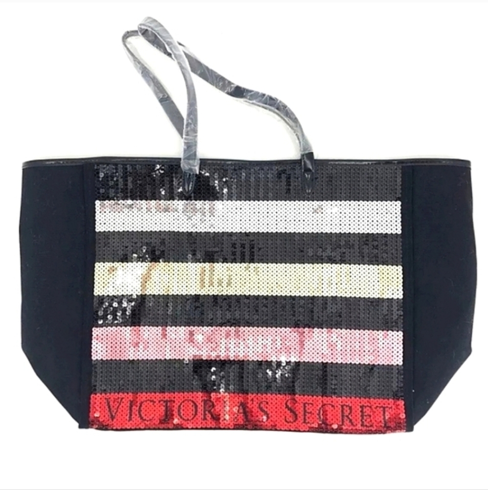 NWT Victoria's Secret Sequin Striped Overnight Tote Bag Weekender Black Friday